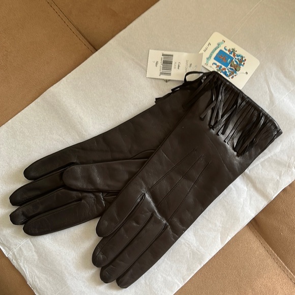 Portolano gloves black leather fringed cashmere lined size 7 S M NWT - Picture 1 of 9